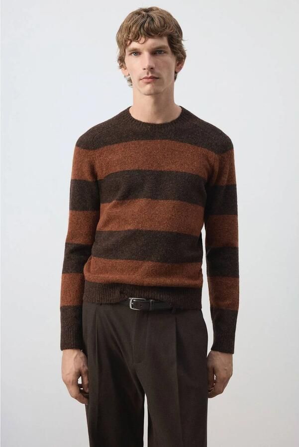 Mango Man regular fit gebreide gestreepte trui met wol middenoranje