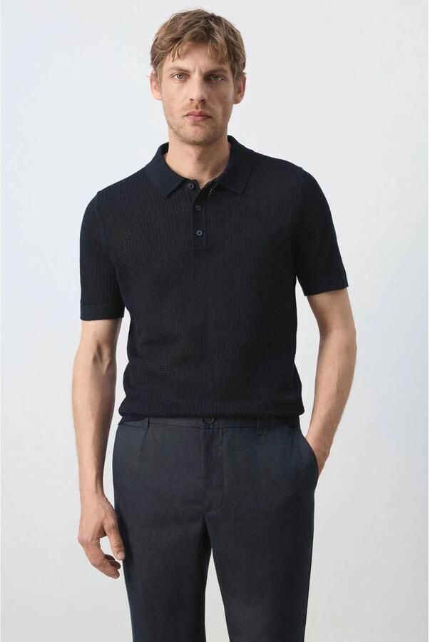 Mango Man regular fit gebreide polo donkerblauw