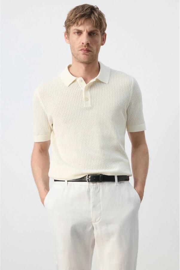 Mango Man regular fit gebreide polo ecru