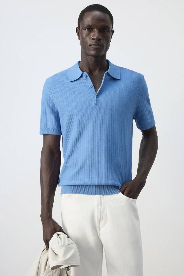 Mango Man regular fit gebreide polo middenblauw