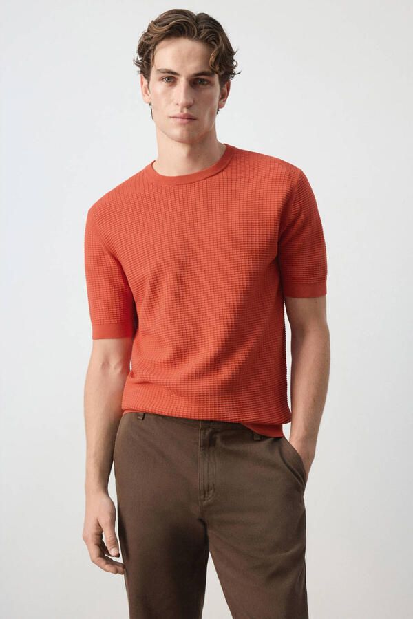 Mango Man regular fit gebreide T-shirt koraalrood