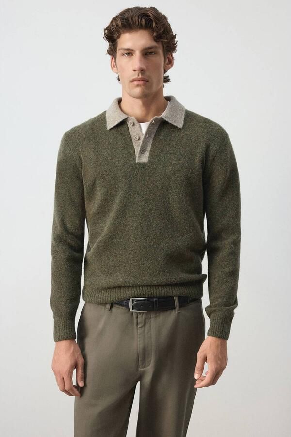 Mango Man regular fit gebreide trui met wol donkergroen