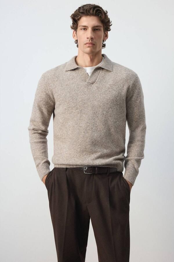 Mango Man regular fit gebreide trui met wol lichtbeige
