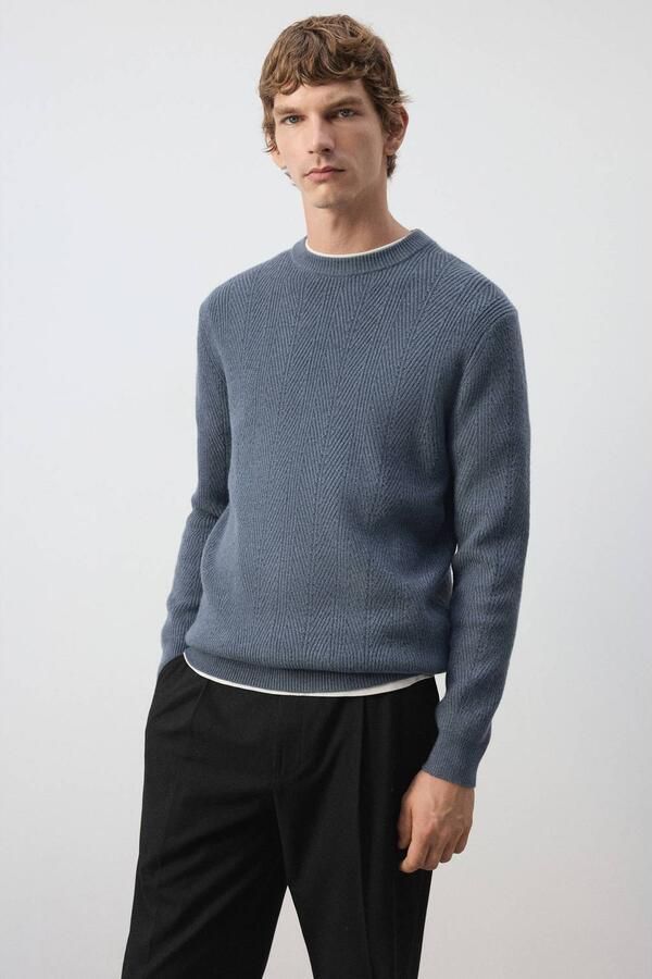 Mango Man regular fit gebreide trui met wol middenblauw