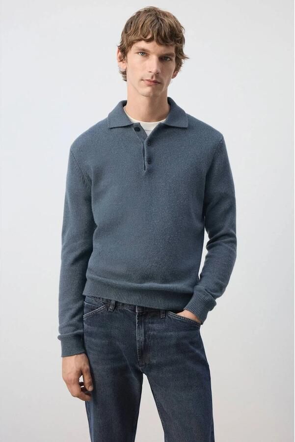 Mango Man regular fit gebreide trui met wol middenblauw