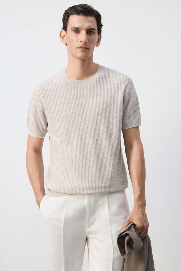 Mango Man regular fit gemêleerd gebreid T-shirt pastelbruin