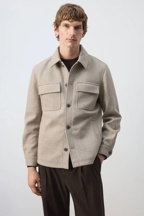 Mango Man regular fit gemêleerd overshirt pastelgrijs