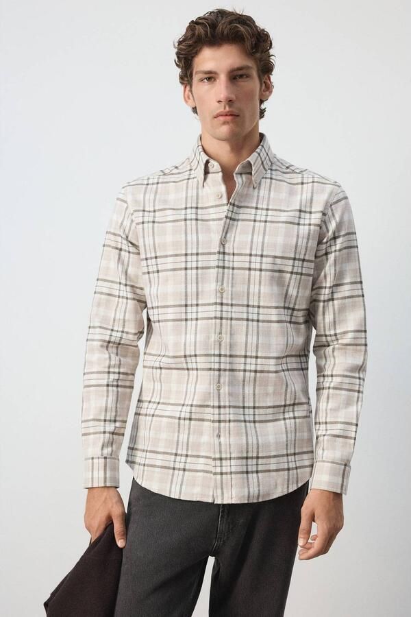 Mango Man regular fit geruit casual overhemd pastelgrijs