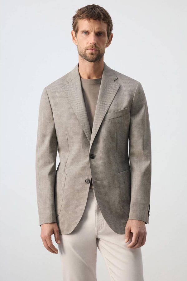 Mango Man regular fit geruit colbert met wol lichtbeige