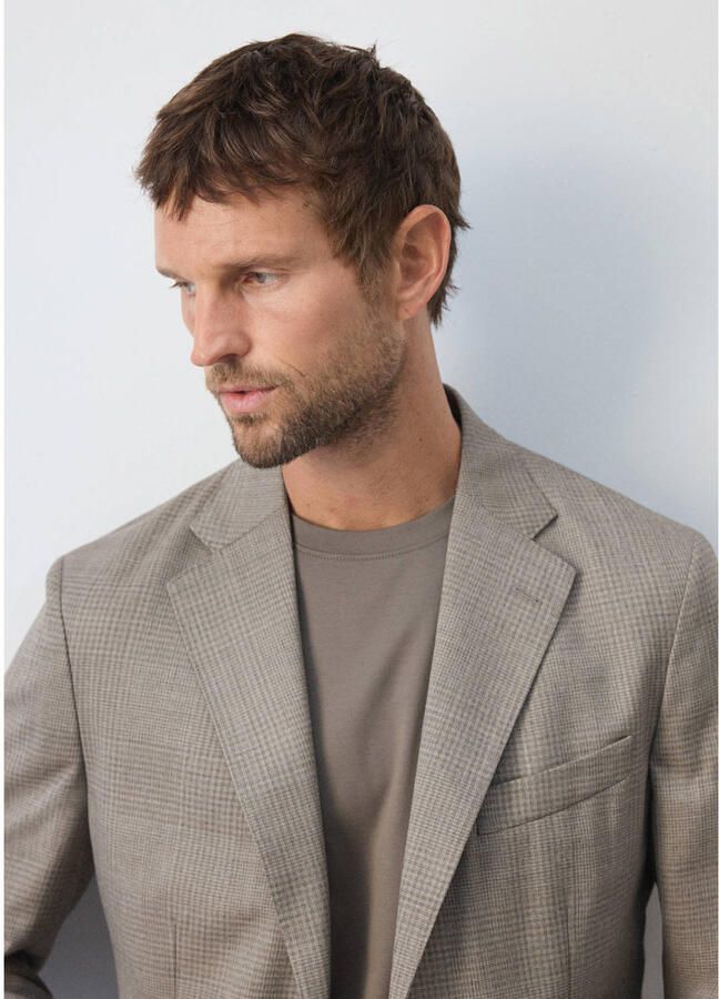 Mango Man regular fit geruit colbert met wol lichtbeige - Foto 2