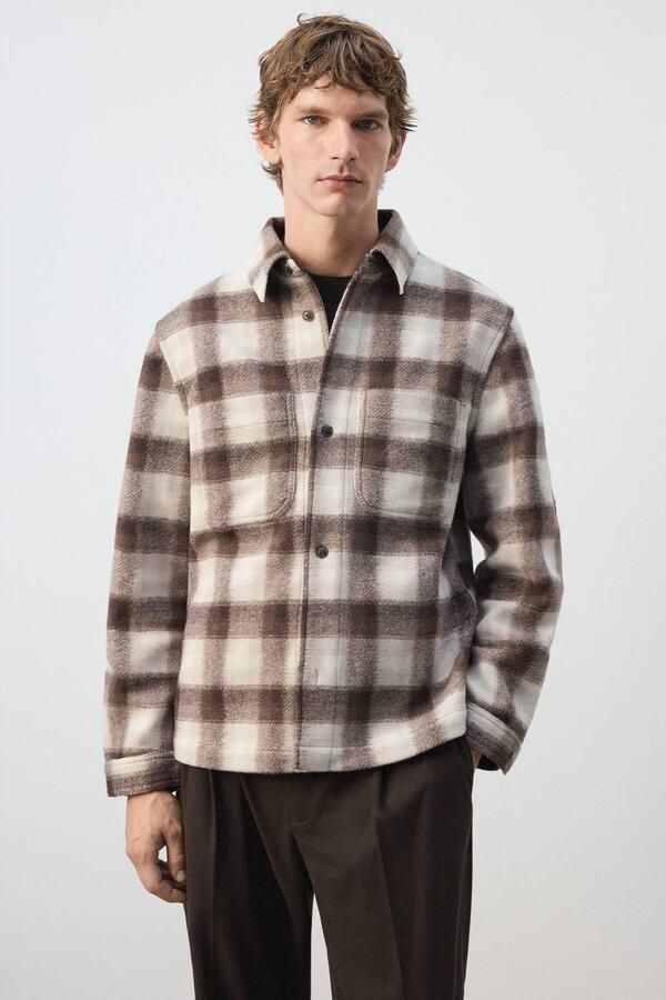 Mango Man regular fit geruit overshirt bruin