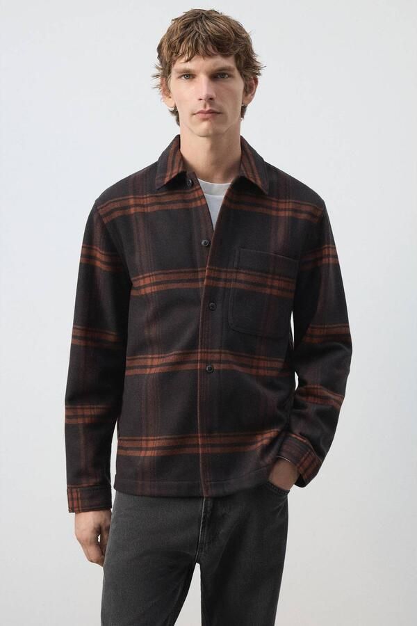Mango Man regular fit geruit overshirt met wol bruin