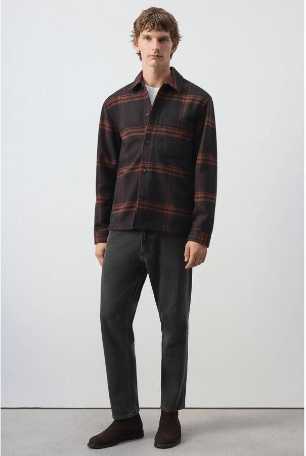 Mango Man regular fit geruit overshirt met wol bruin - Foto 2