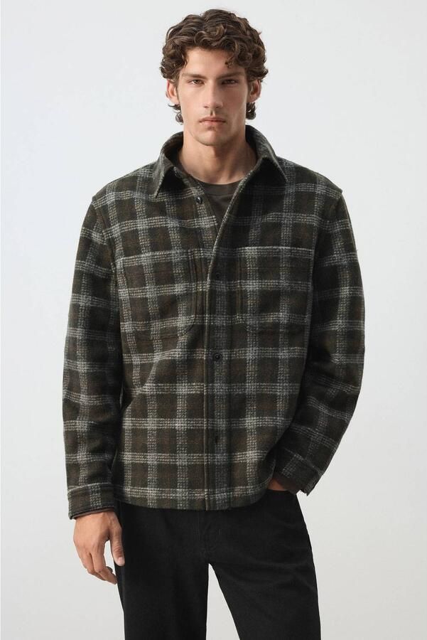 Mango Man regular fit geruit overshirt middengroen