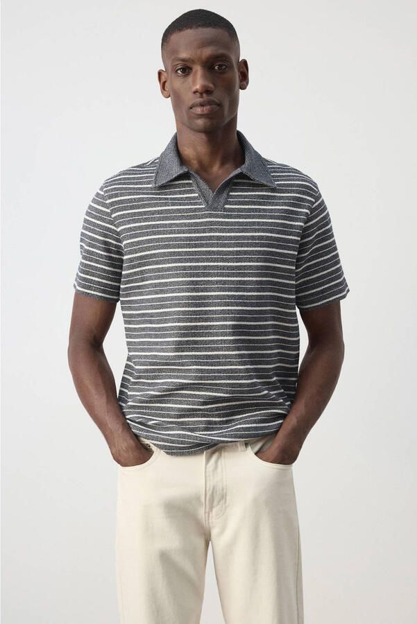 Mango Man regular fit gestreepte polo marineblauw