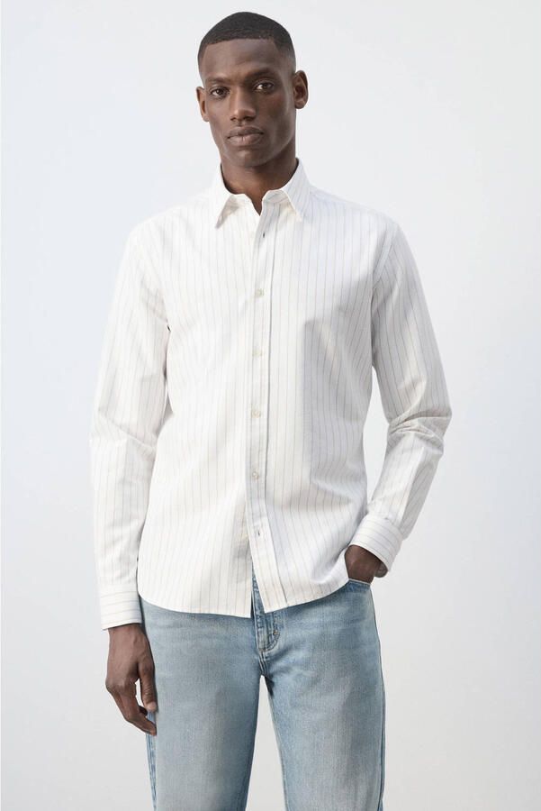 Mango Man regular fit overhemd met krijtstreep lichtbeige