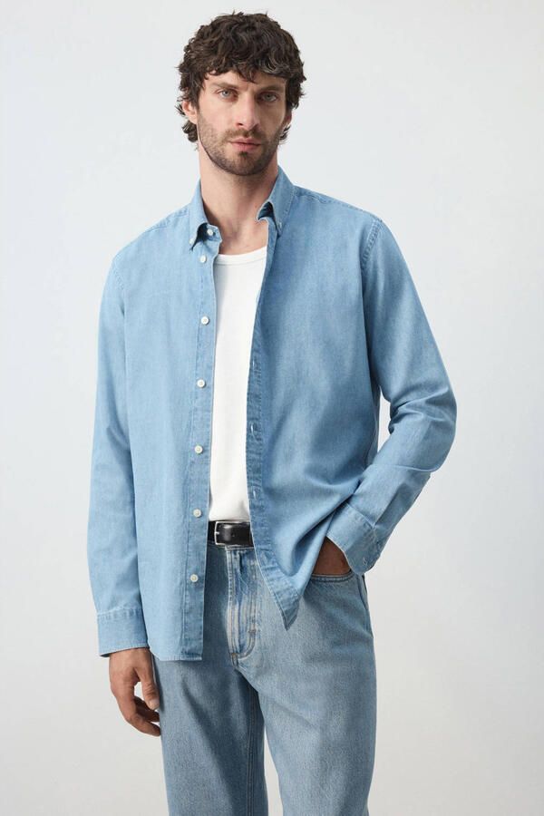 Mango Man regular fit overhemd met linnen blauw