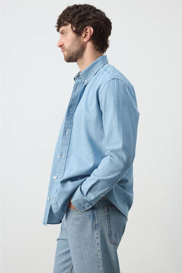 Mango Man regular fit overhemd met linnen blauw - Foto 2