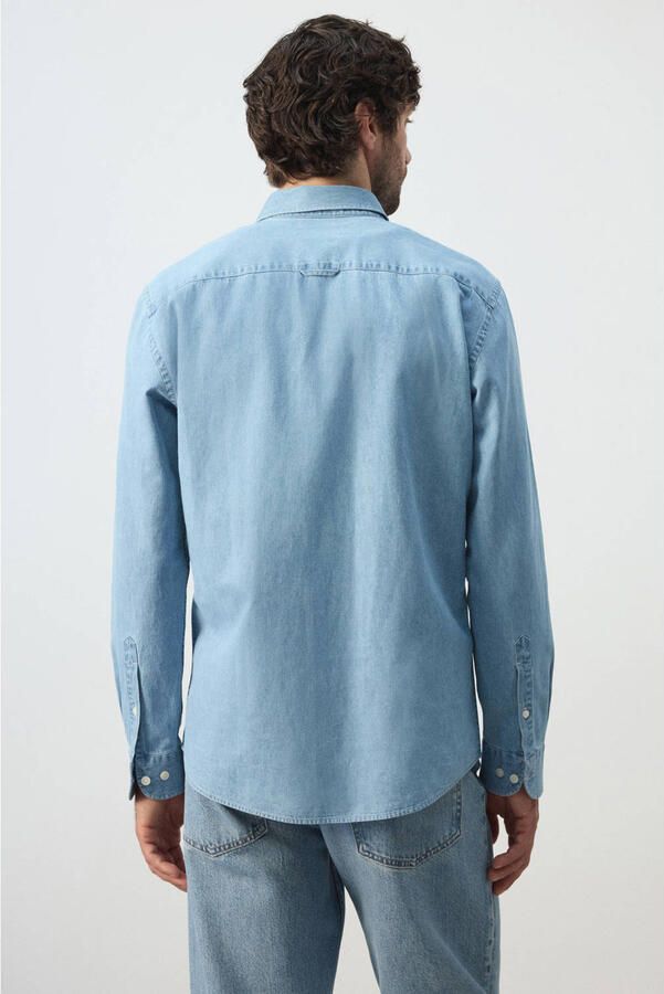 Mango Man regular fit overhemd met linnen blauw - Foto 3