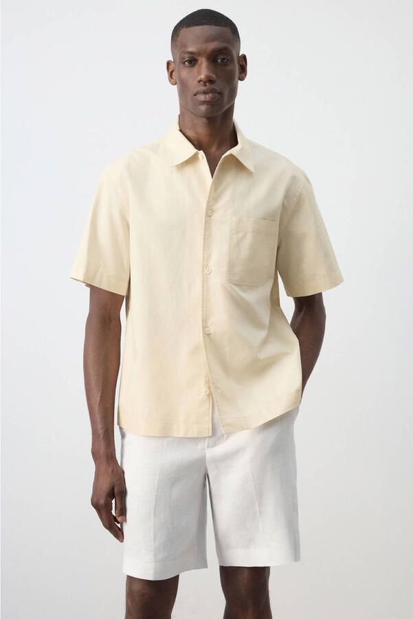 Mango Man regular fit overhemd met linnen geel