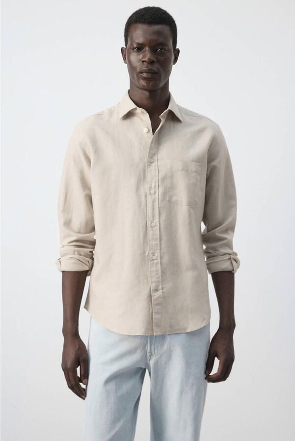 Mango Man regular fit overhemd met linnen lichtbeige