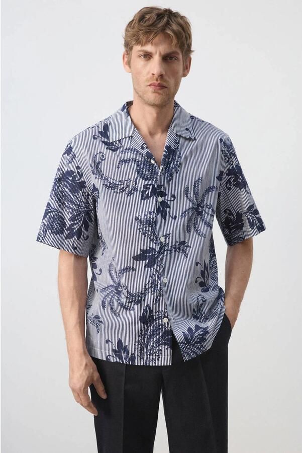 Mango Man regular fit overhemd met print middenblauw