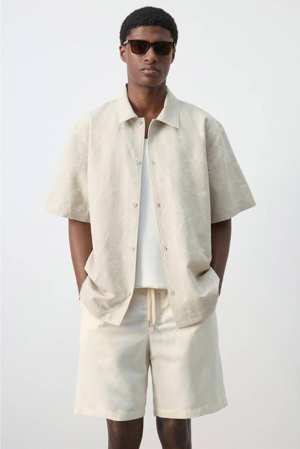Mango Man regular gebloemd casual overhemd met linnen beige