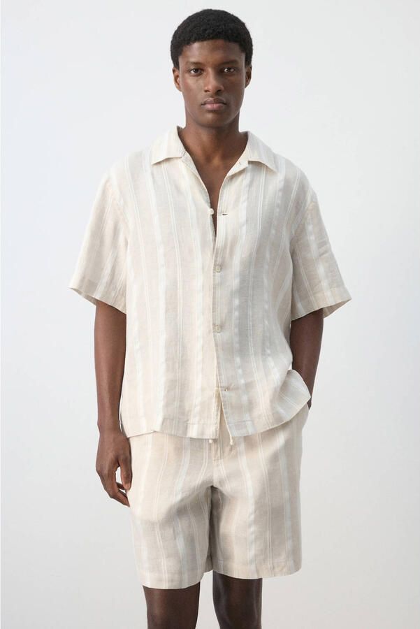 Mango Man regular gestreept casual overhemd met linnen beige