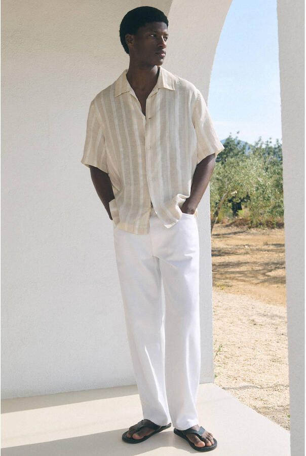 Mango Man regular gestreept casual overhemd met linnen beige - Foto 3