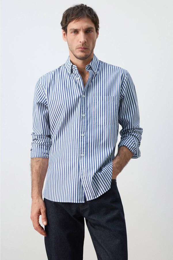 Mango Man regular gestreepte casual overhemd blauw