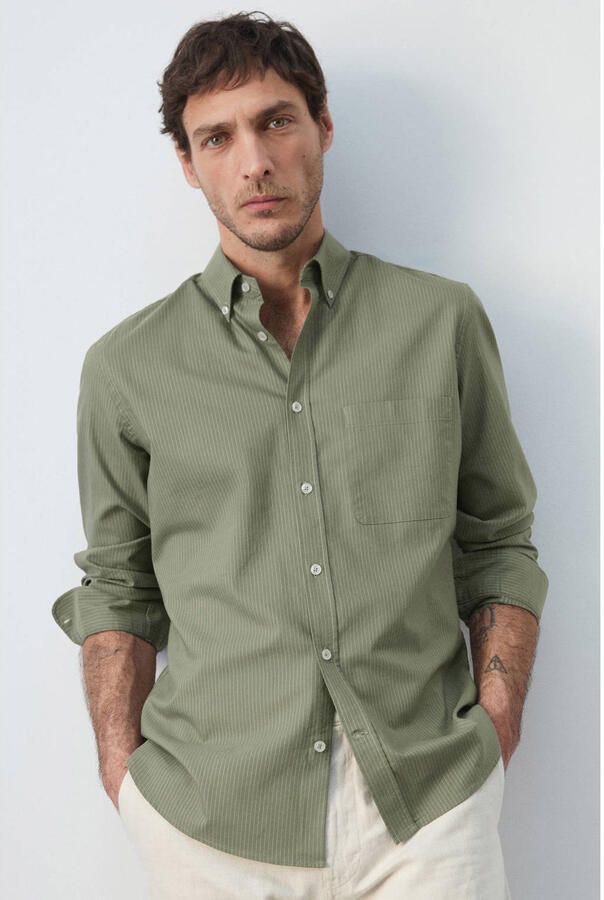Mango Man regular gestreepte casual overhemd groen - Foto 2