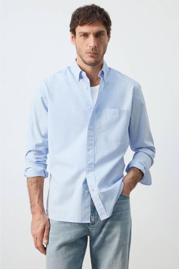 Mango Man regular gestreepte casual overhemd lichtblauw