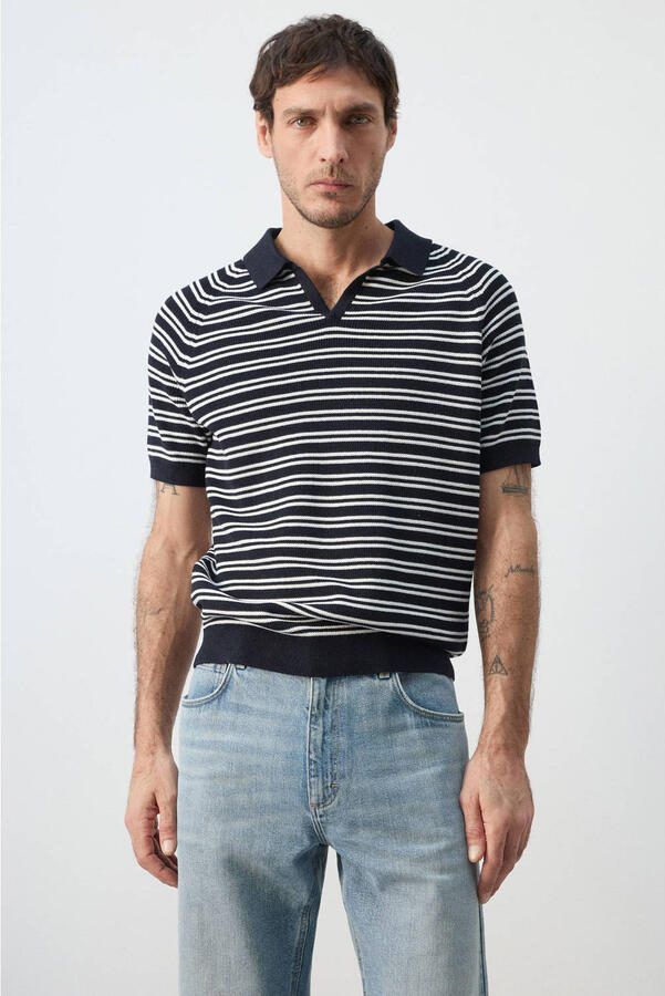 Mango Man regular gestreepte polo donkerblauw - Foto 2