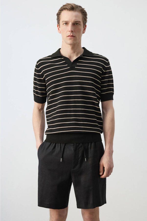 Mango Man regular gestreepte polo gebreid zwart