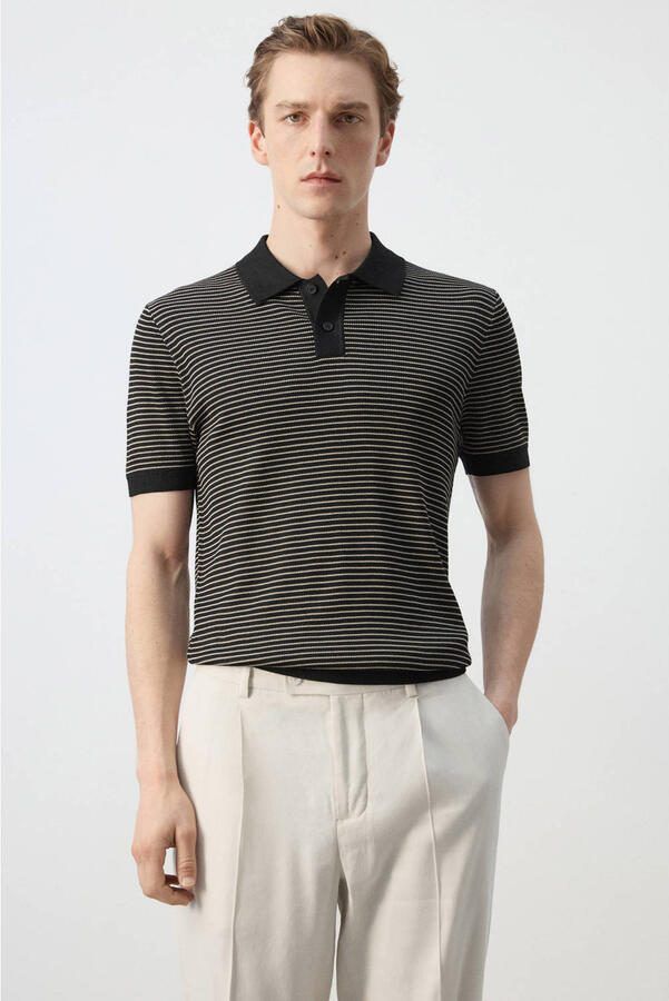 Mango Man regular gestreepte polo zwart