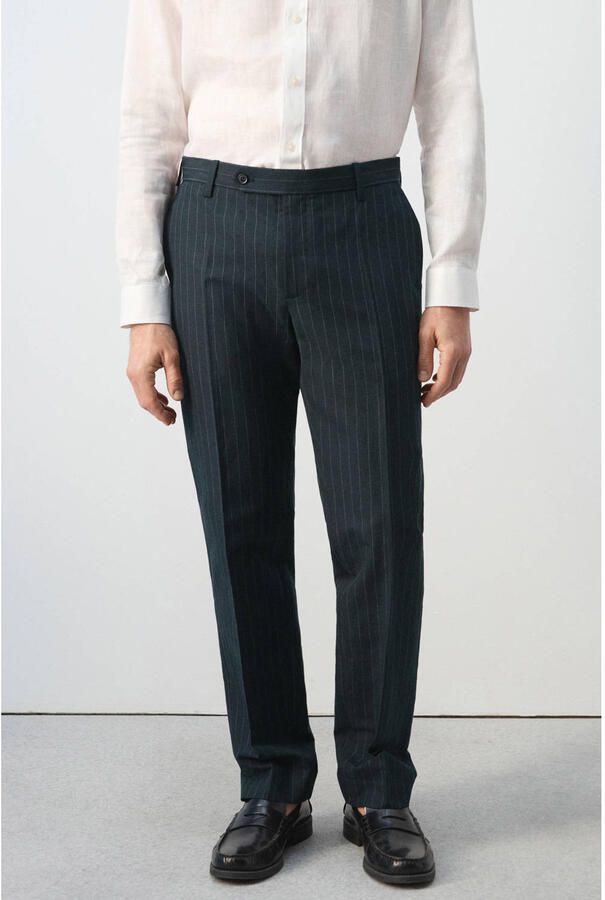 Mango Man regular pantalon met linnen met krijtstreep donkerblauw