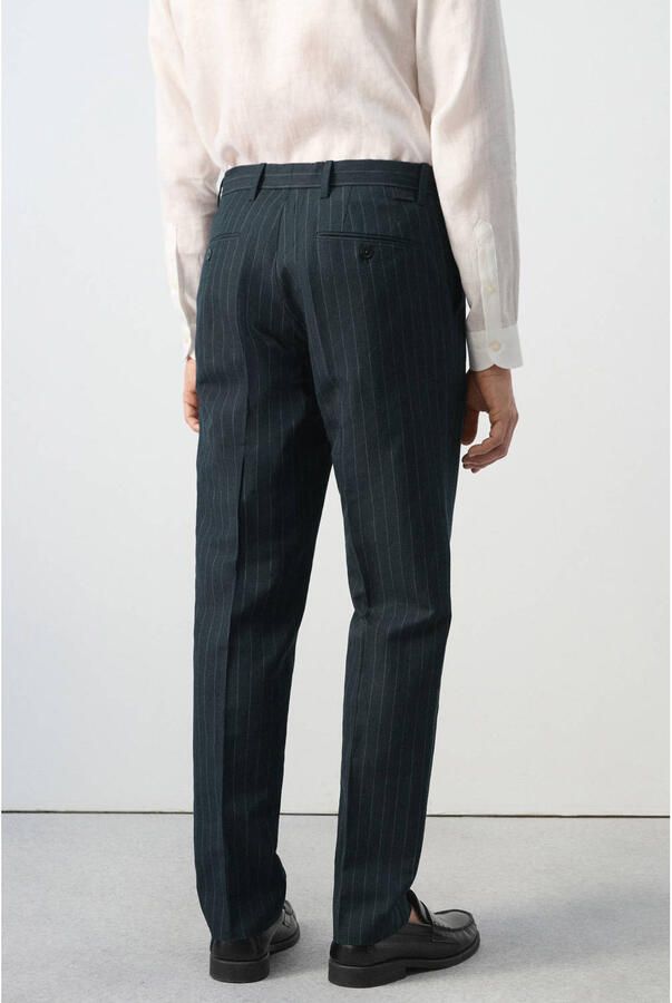 Mango Man regular pantalon met linnen met krijtstreep donkerblauw - Foto 2