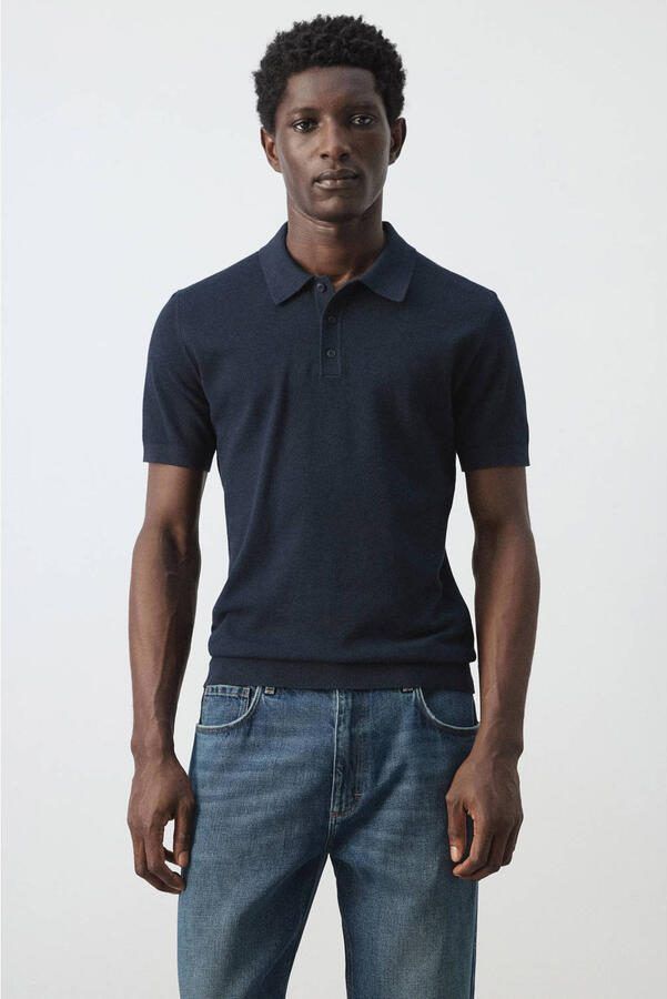 Mango Man regular polo donkerblauw fijn gebreid