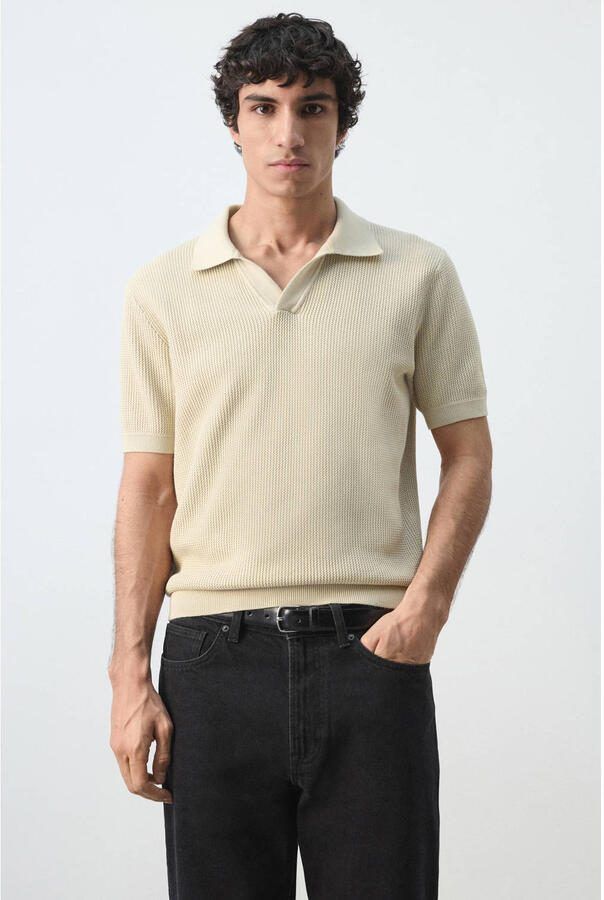 Mango Man regular polo gebreid beige