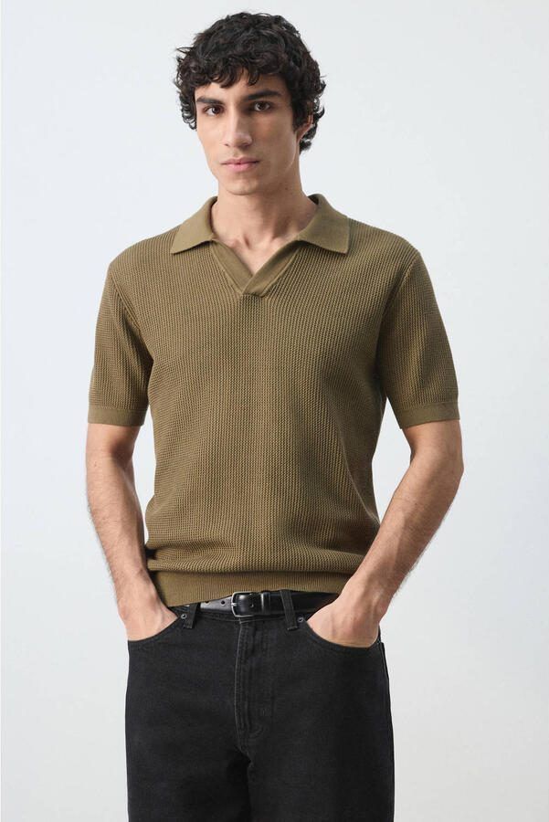 Mango Man regular polo gebreid beige kaki