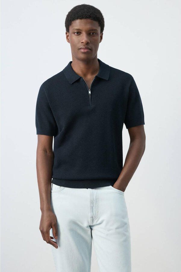 Mango Man regular polo gebreid donkerblauw