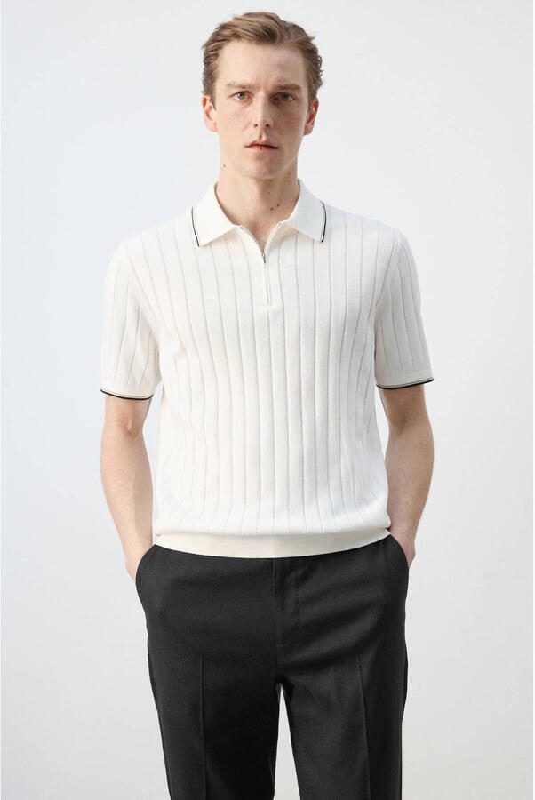 Mango Man regular polo gebreid ecru