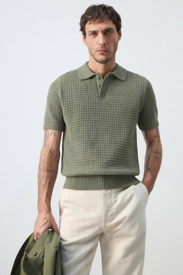 Mango Man regular polo gebreid groen - Foto 3
