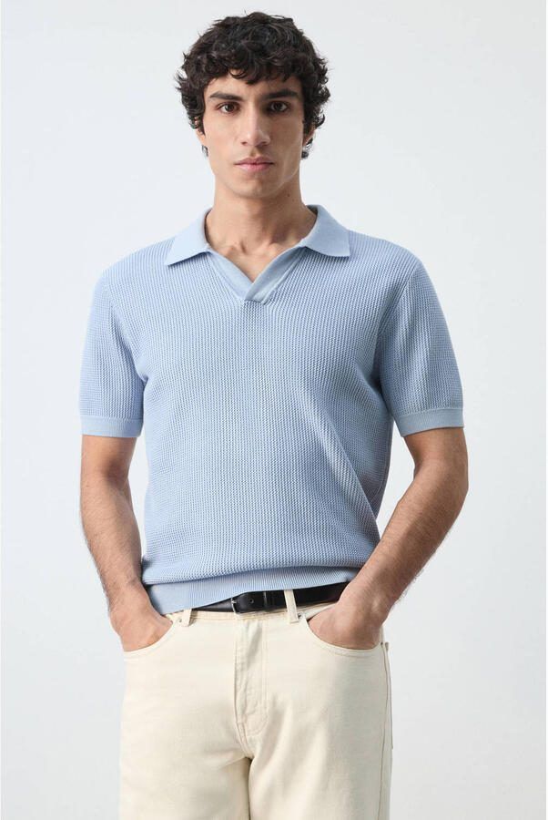 Mango Man regular polo gebreid lichtblauw