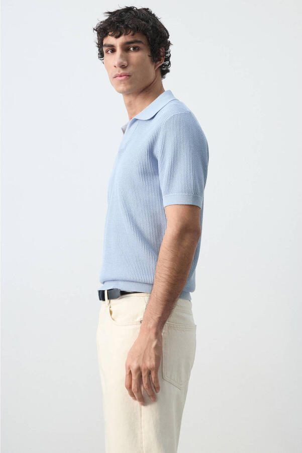 Mango Man regular polo gebreid lichtblauw - Foto 2