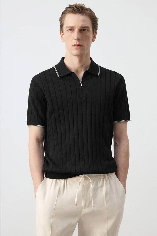 Mango Man regular polo gebreid zwart