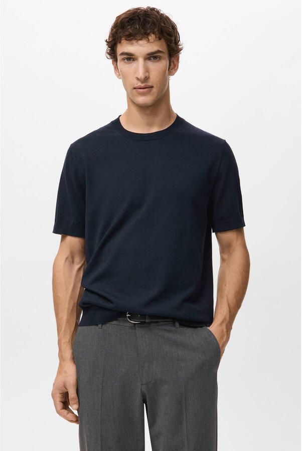 Mango Man regular T-shirt fijn gebreid donkerblauw