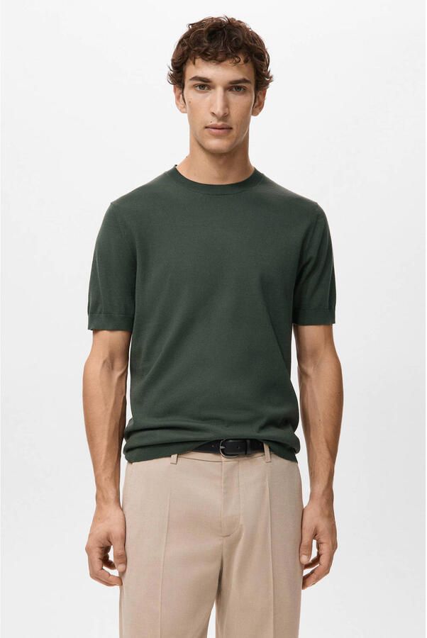 Mango Man regular T-shirt fijn gebreid groen