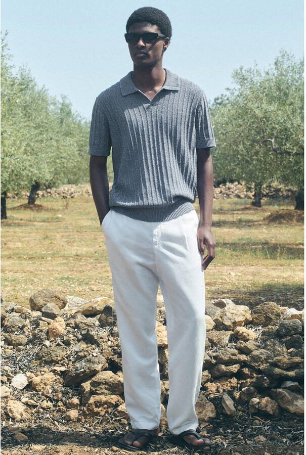 Mango Man relaxed fit gebreide polo middenblauw - Foto 3