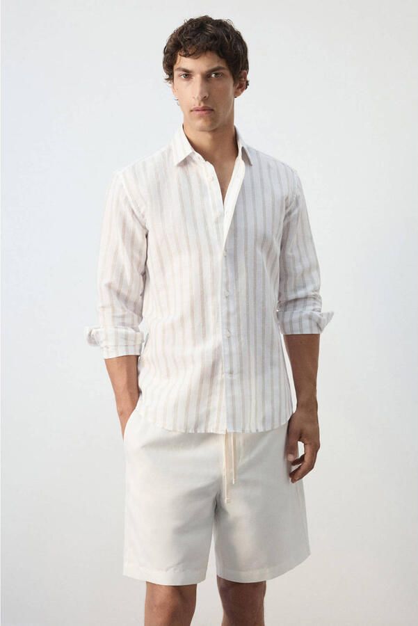 Mango Man relaxed fit overhemd met krijtstreep en linnen wit
